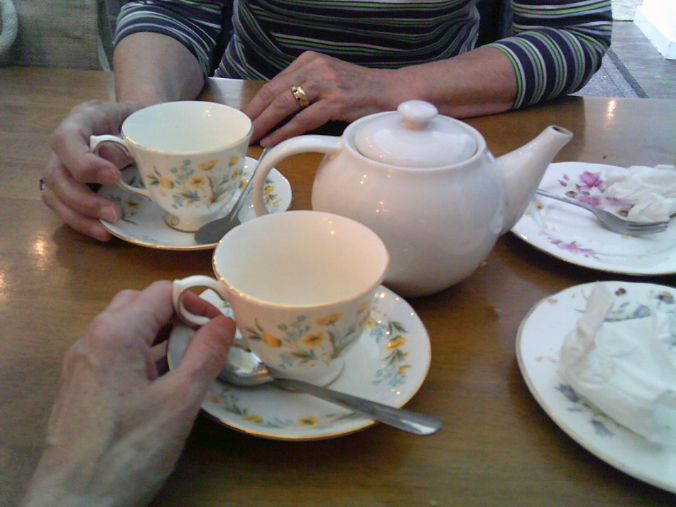 Those are the hands of a very good friend of mine who’s been a great support and encouragement to me over the years. She’s moved a little way away, so we don’t get together very often, but we had this rare opportunity to get together and have tea and cake and so I just wanted to
record that because I’m very thankful for the friends that I have in my life who have supported me and encouraged me over the years.
- Mother participant, Bristol